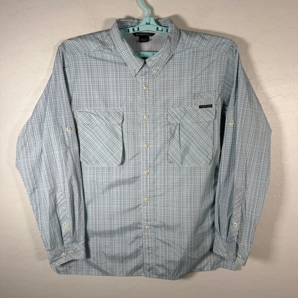 ExOfficio Fishing Shirt Mens 2XL Blue Plaid Long Sleeve Ventilated Hiking